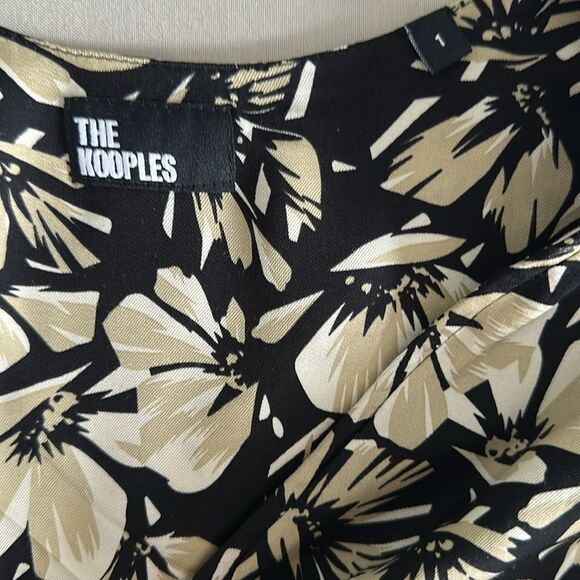 The Kooples Floral Twill Midi Dress Size 1 Black Beige Puff Sleeve Button Front - Picture 7 of 16